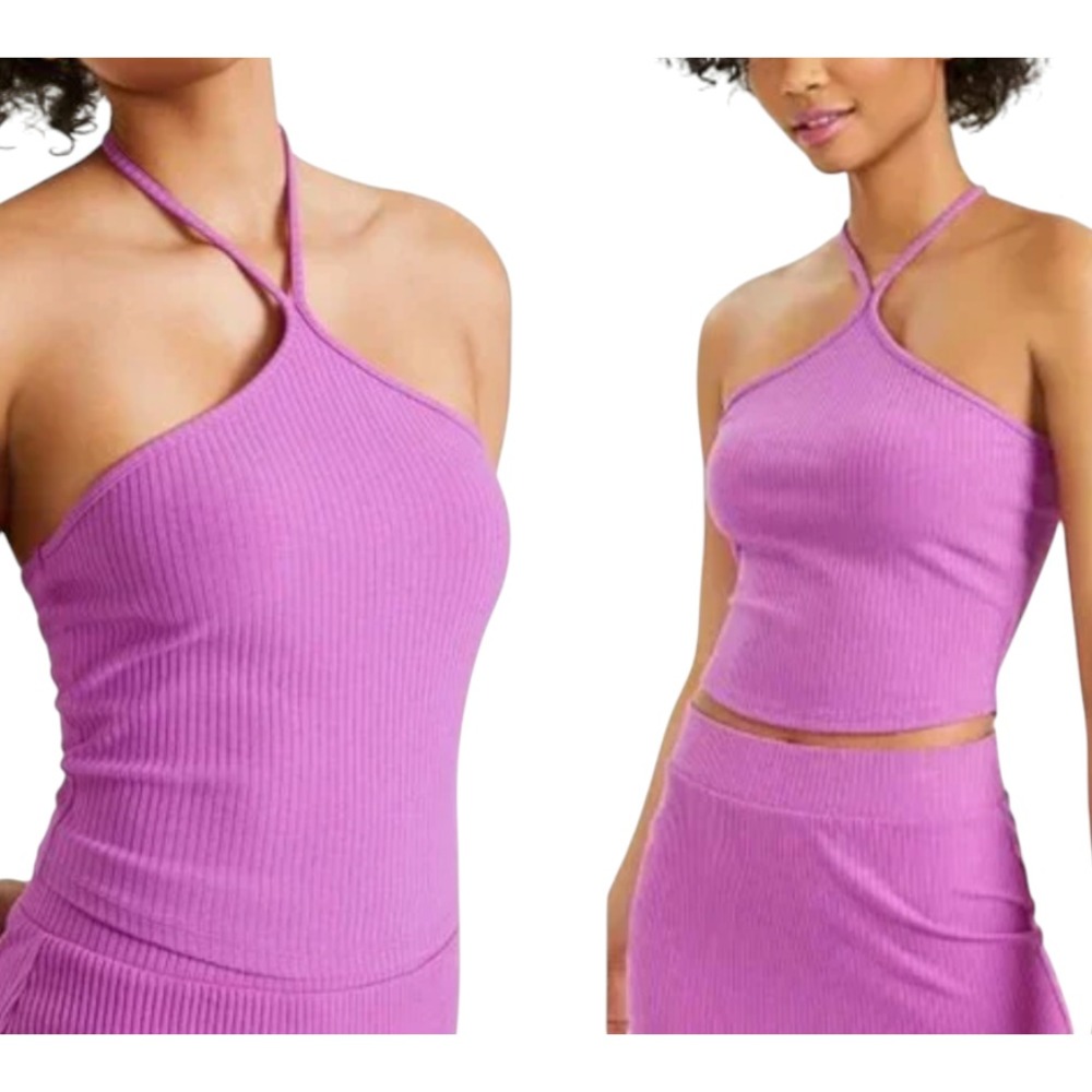 BAR III Orchid Purple RIBBED KNIT HIGH NECK HALTER TOP Cropped Single Strap XXL